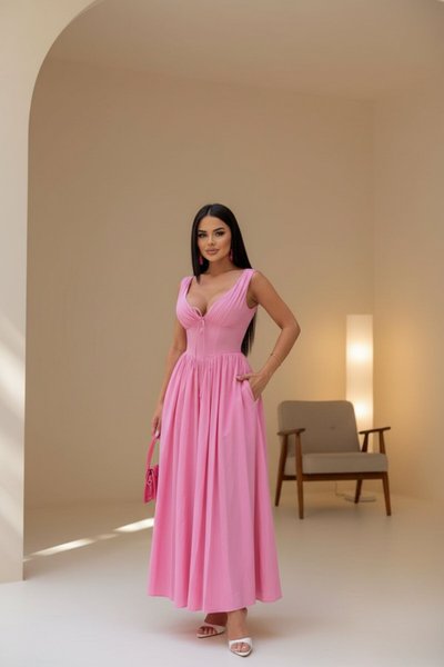 Pembe Uzun Korsaj Form Kalın Askılı Büzgü Detaylı Elbise