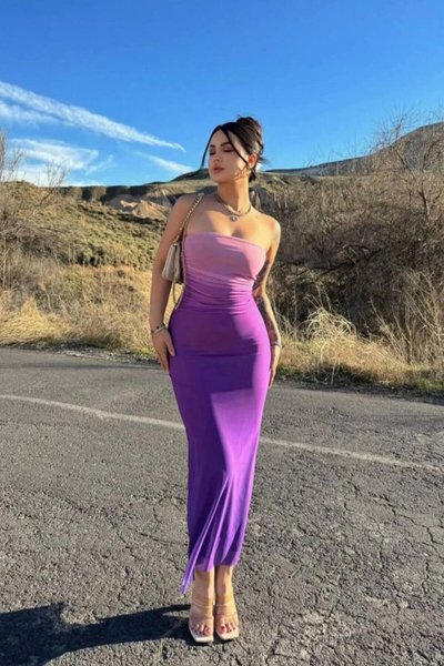 Long Body-Hugging Strapless Lined Tulle Dress - Pink