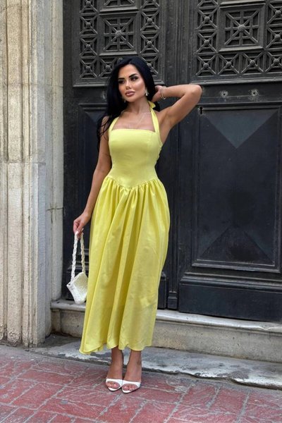 Mini Flared Strappy Square-Neck Dress - Yellow