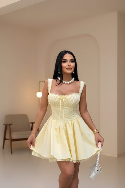 Mini Strappy Lined Corset-Look Lace-Detail Dress - Yellow