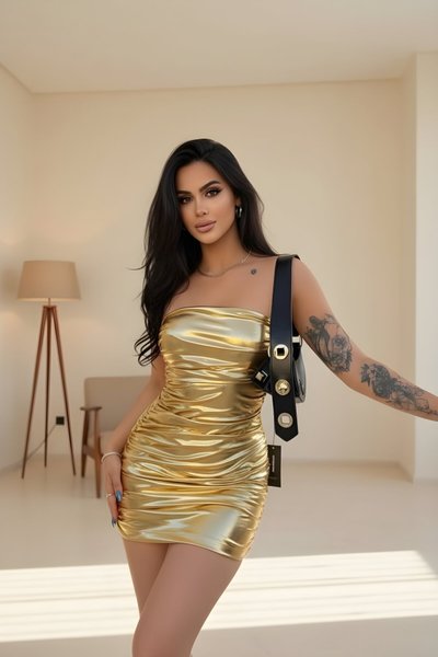 Sarı Mini Parlak Büzgülü Straplez Abiye Elbise