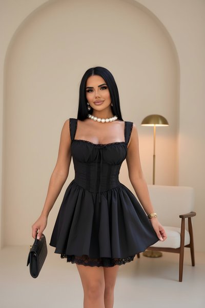 Mini Strappy Corset-Look Lace-Detail Dress - Black