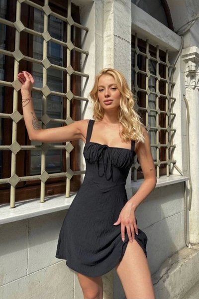 Mini Draped Ruched Strappy Dress - Black