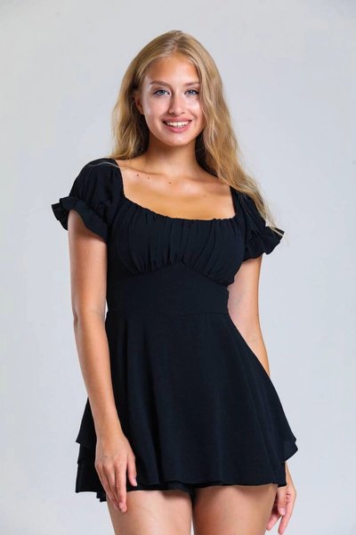 Siyah Mini Fit Kesim Kare Yaka Karpuz Kol Volan Detaylı Elbise