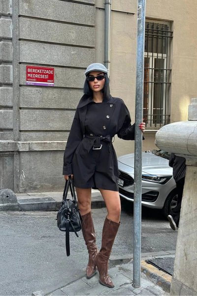 Siyah Premium Şortlu Kemerli Düğme Detaylı Trençkot Tulum