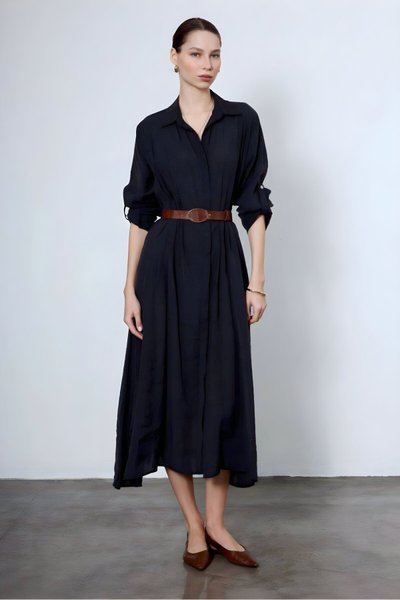 Midi Relaxed Long-Sleeve Tencel Belted Buttoned Shirt-Collar Dress - Black