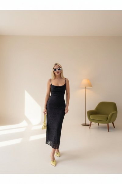 Long Strappy Lace Lined Dress - Black