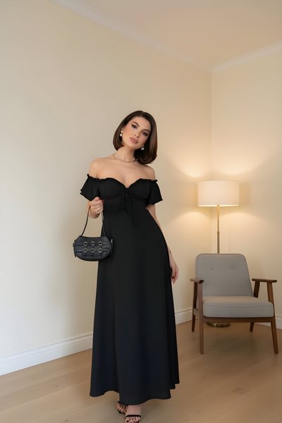 Long Off-shoulder Dress - Black