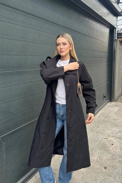 معطف ترنش طويل أسود بياقة قائمة وحزام
