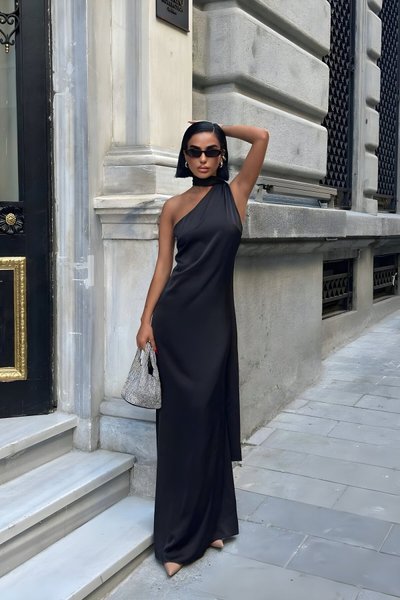 Long Premium Satin One-Shoulder Shawl-Detail Evening Dress - Black