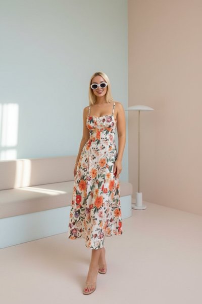 Long Strappy Floral Patterned Dress with Shirred Back Detail - Orange