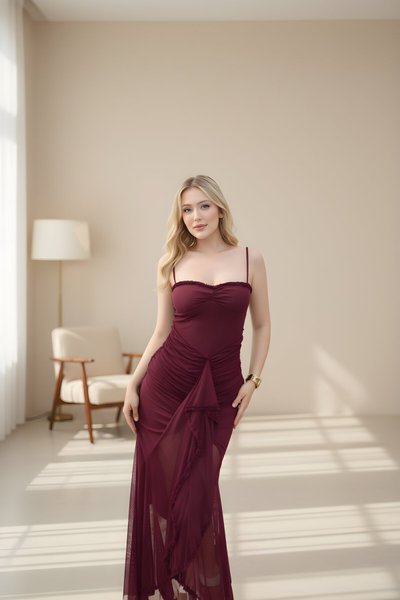 Long Strappy Ruched Ruffle-Detail Evening Dress - Maroon