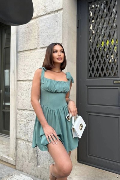 Mini Aerobin Fabric Smocked Back Shoulder-Tie Dress - Green