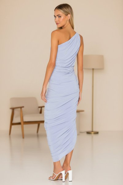 Midi One-Shoulder Draped Ruched Evening Dress - Baby Blue