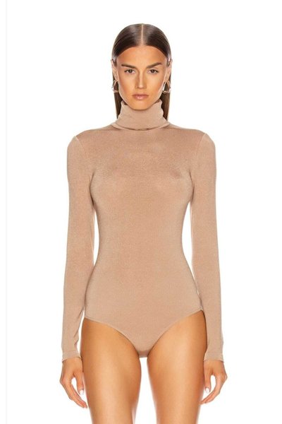 Bej Balıkçı Yaka İpek Jarse Bodysuit