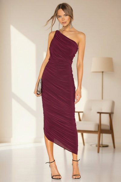Midi Asymmetrical Ruched Draped One-Shoulder Evening Dress - Burgundy