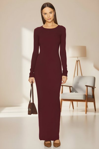 Long Opaque Silk Jersey Dress - Burgundy