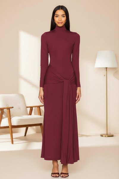 Long Silk Jersey Belted Zippered Lined Dress - Burgundy