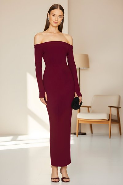 Long Strapless Silk Jersey Thumb-Hole Dress - Burgundy