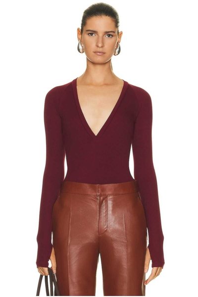 Silk Jersey V-Neck Placket Thumbhole Bodysuit - Burgundy