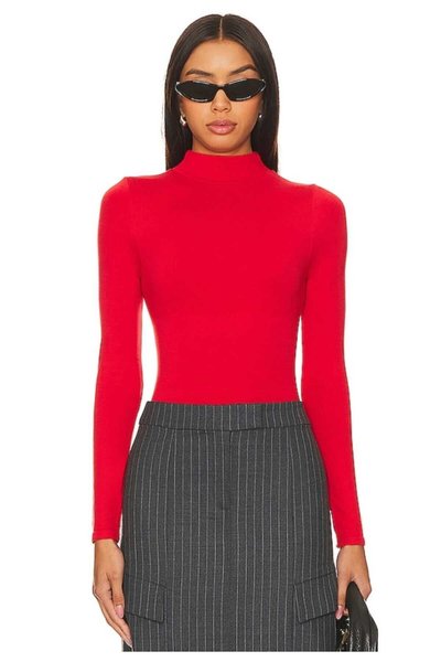 Jersey Turtleneck Opaque Bodysuit - Grey Red
