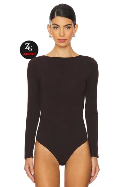 Kahve Rengi İpek Jarse Sırt Dekolteli Çapraz Lastikli Degaje Yaka Body