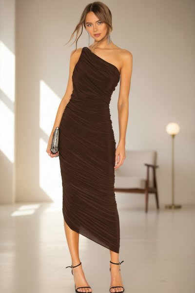 Midi Draped Ruched Asymmetric Neck Evening Dress - Coffee Brown