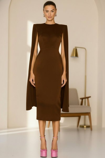 Midi Silk Jersey Slit Detail Padded Evening Dress - Brown