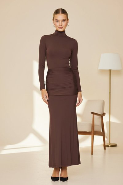 Long Mock Neck Self-Belted Silk Jersey Evening Dress - Brown
