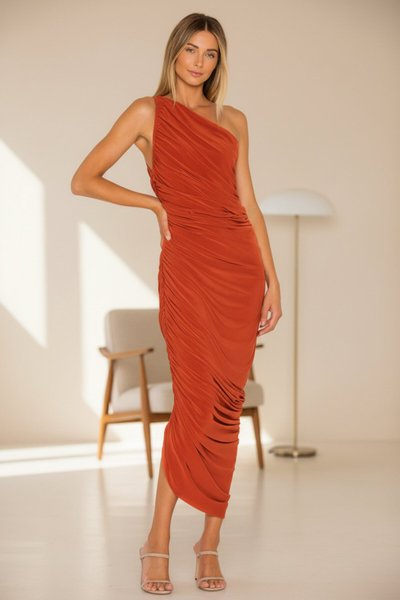 Midi Draped Ruched One-Shoulder Evening Dress - Terracotta