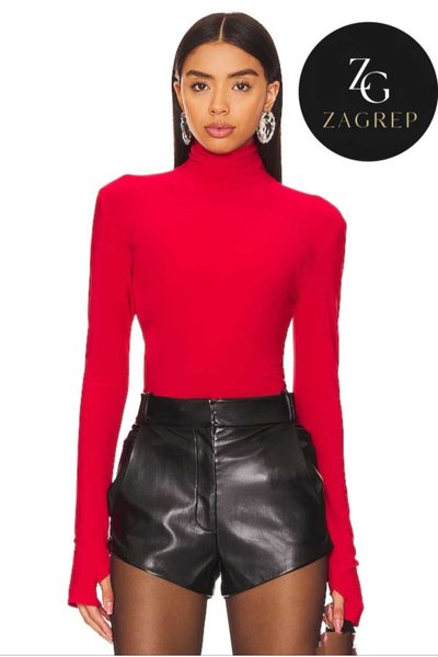 Turtleneck Silk-Jersey Thumb-Hole Blouse - Red
