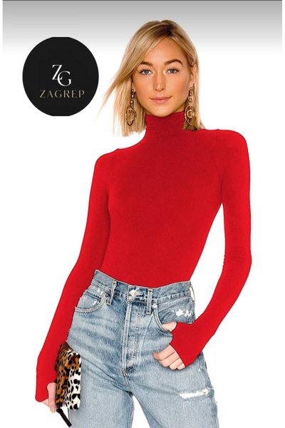 Turtleneck Double-Layered Silk Jersey Thumbhole Bodysuit - Red