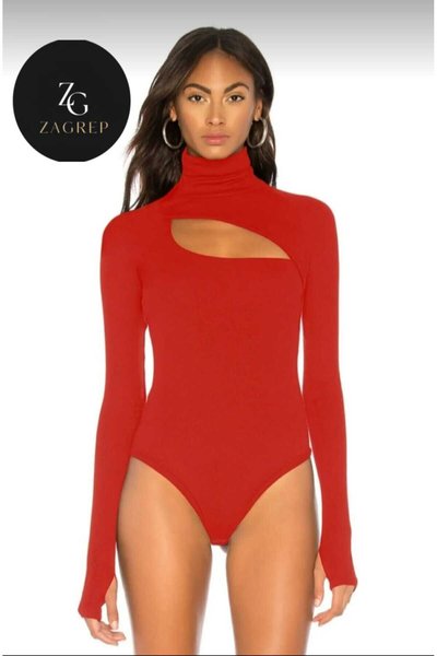 Kırmızı Balıkçı Yaka Parmak Geçmeli Pencereli Body