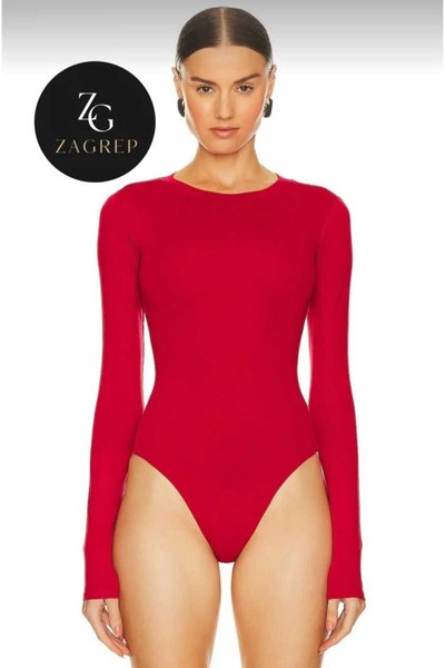 Kırmızı Body Bisiklet Yaka İpek Jarse Çift Katlı İç Göstermez