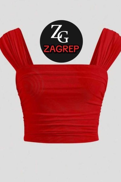 بستيير قصير أحمر جيرسي حريري بأكمام درابيه