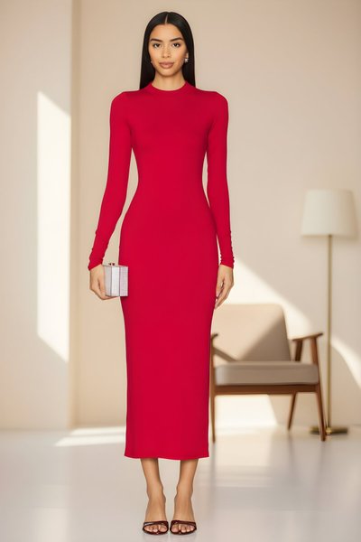 Midi Silk Jersey Crew Neck Lined Dress - Red