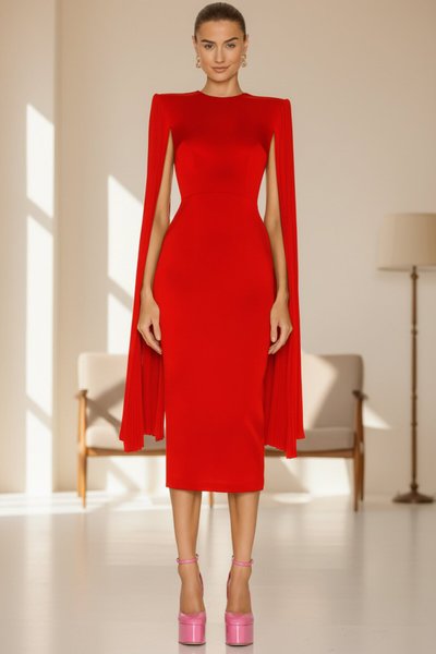 Midi Lined Slit Cape Sleeve Evening Dress - Red