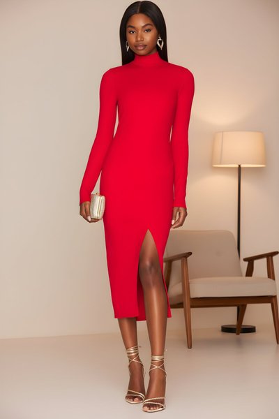 Midi Mock Neck Slitted Low-Back Evening Dress - Red