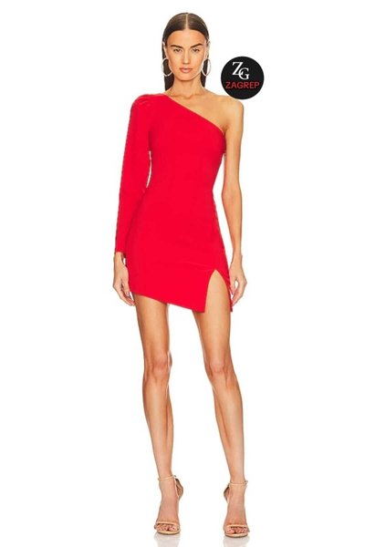 Kırmızı Mini İpek Jarse Tek Kol Balon Vatkalı Yırtmaçlı Astarlı Abiye Elbise