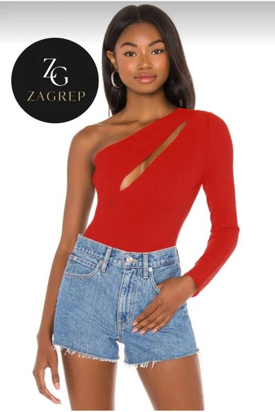 One-Sleeve Silk Jersey Cut-out Bodysuit - Red