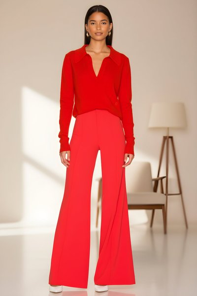 Long Wide Leg Crepe Pants - Red