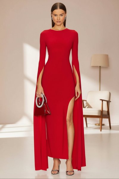 Long Silk Jersey Open Back Cape Sleeve Evening Dress - Red