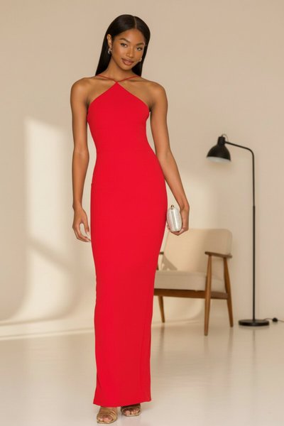 Long Silk Jersey Spaghetti Strap Slitted Evening Dress - Red