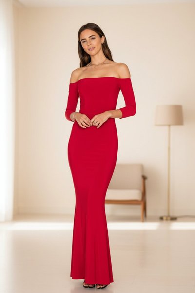 Long Strapless Lined Silk Jersey Ruffle Hem Evening Dress - Red