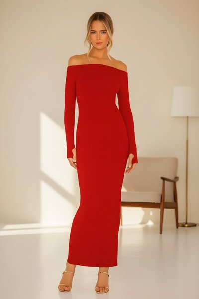 Long Strapless Side-Zippered Thumb-Hole Dress - Red