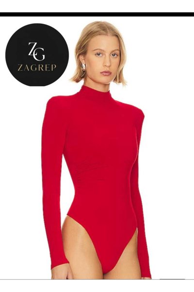 بودي أحمر ياقة نصف سلحفاة جيرسي مزدوج غير شفاف