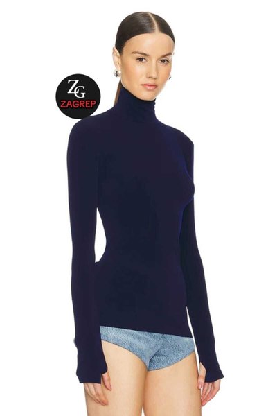 Turtleneck Silk Jersey Thumb-Hole Blouse - Navy