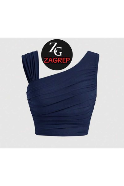 Lacivert Crop Top Drapeli Büzgülü Kollu Omuz Detaylı Büstiyer
