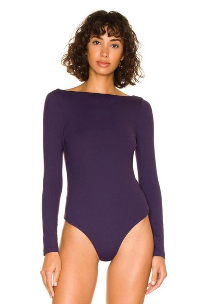 Mor Çift Katlı İpek Jarse Arka Dekolteli Body