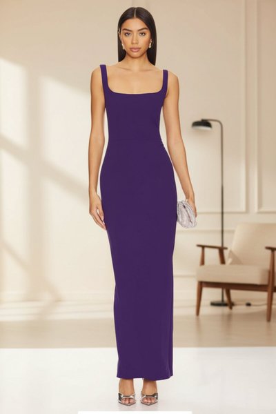 Long Silk Jersey Thin-Strapped Lined Evening Dress - Purple